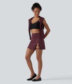 High Waisted Asymmetric Hem 2-in-1 A-line Mini Dance Skirt with Pockets — Berry Red — view 7