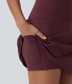 High Waisted Asymmetric Hem 2-in-1 A-line Mini Dance Skirt with Pockets — Berry Red — view 4