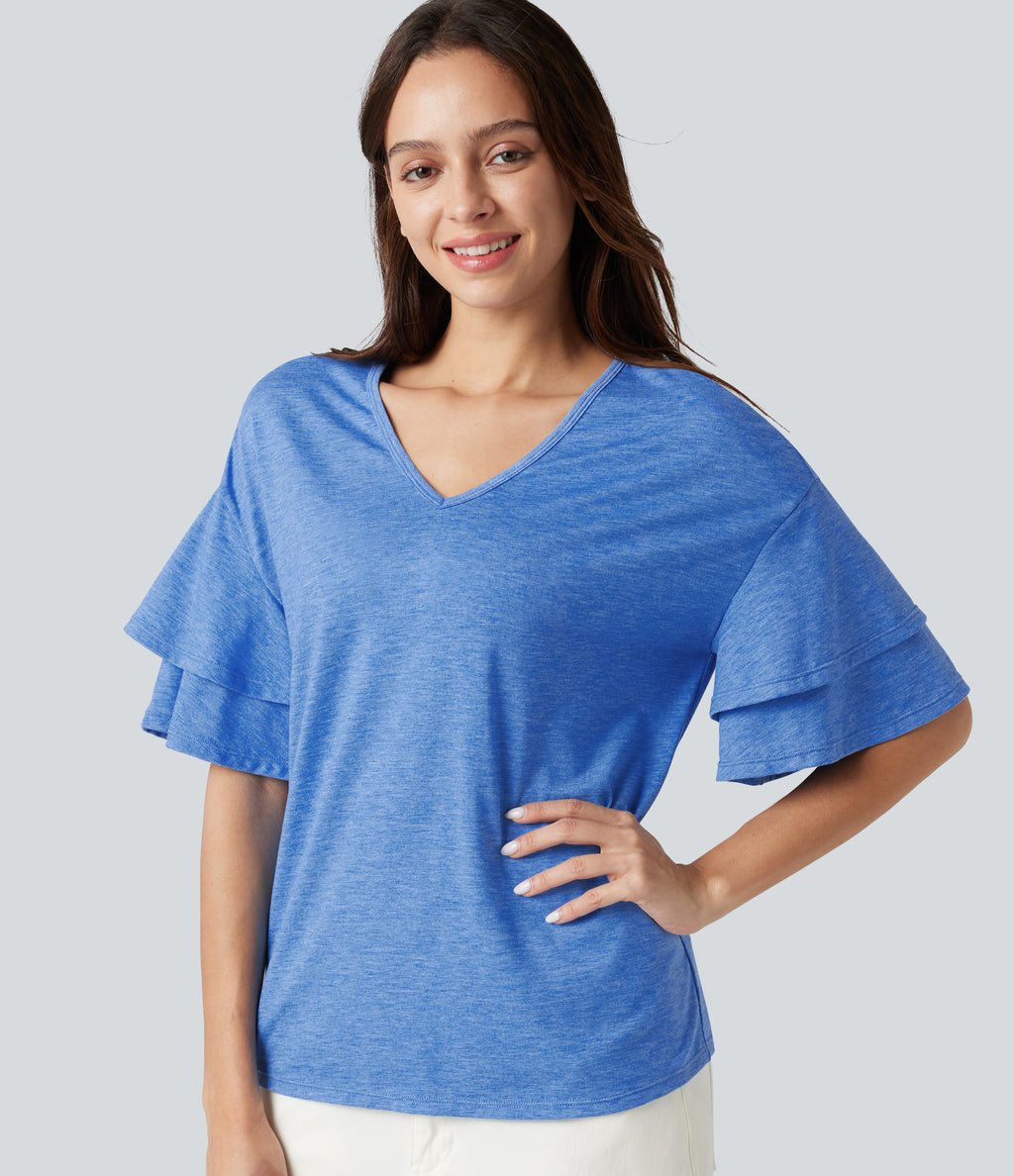V-neck Flounce Sleeve Casual Top — Sky Blue Floral Yarn — view 6