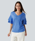 V-neck Flounce Sleeve Casual Top — Sky Blue Floral Yarn — view 4
