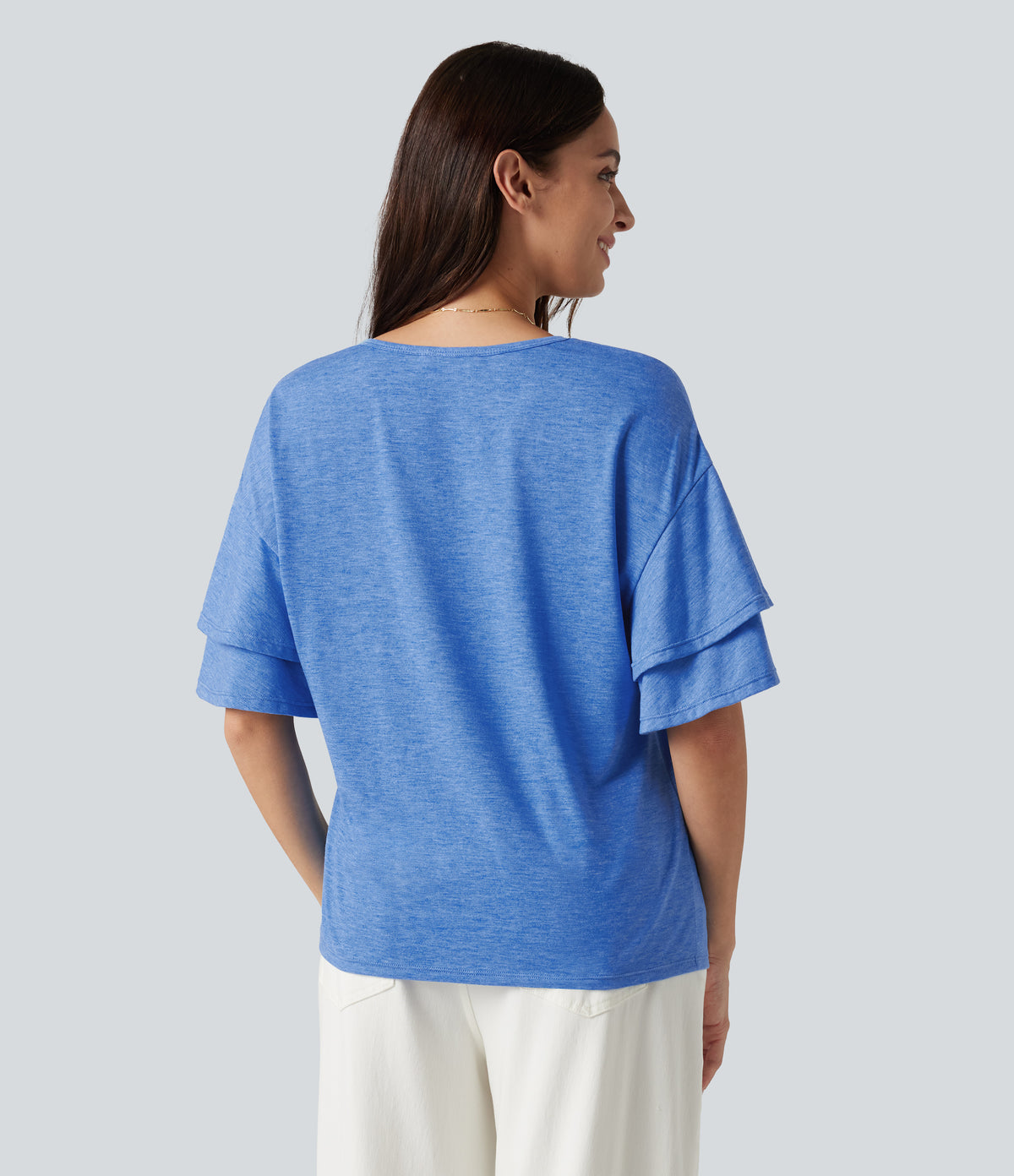 V-neck Flounce Sleeve Casual Top — Sky Blue Floral Yarn — view 2