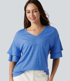 V-neck Flounce Sleeve Casual Top — Sky Blue Floral Yarn — view 1