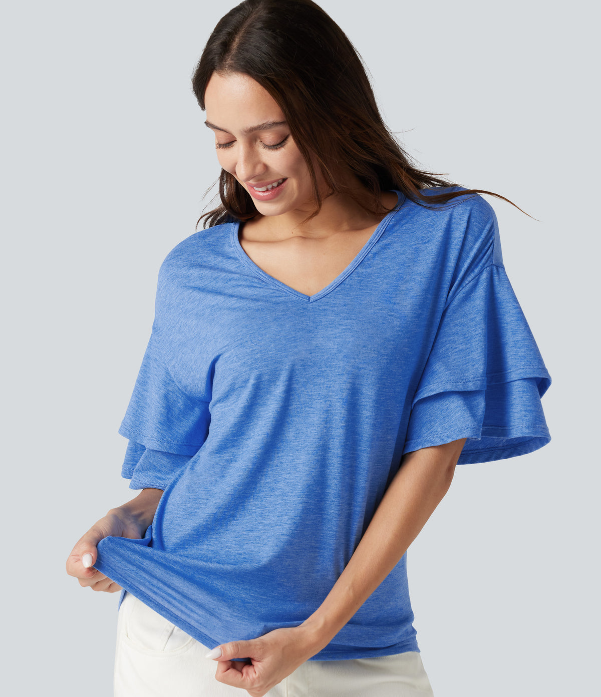 V-neck Flounce Sleeve Casual Top — Sky Blue Floral Yarn — view 5