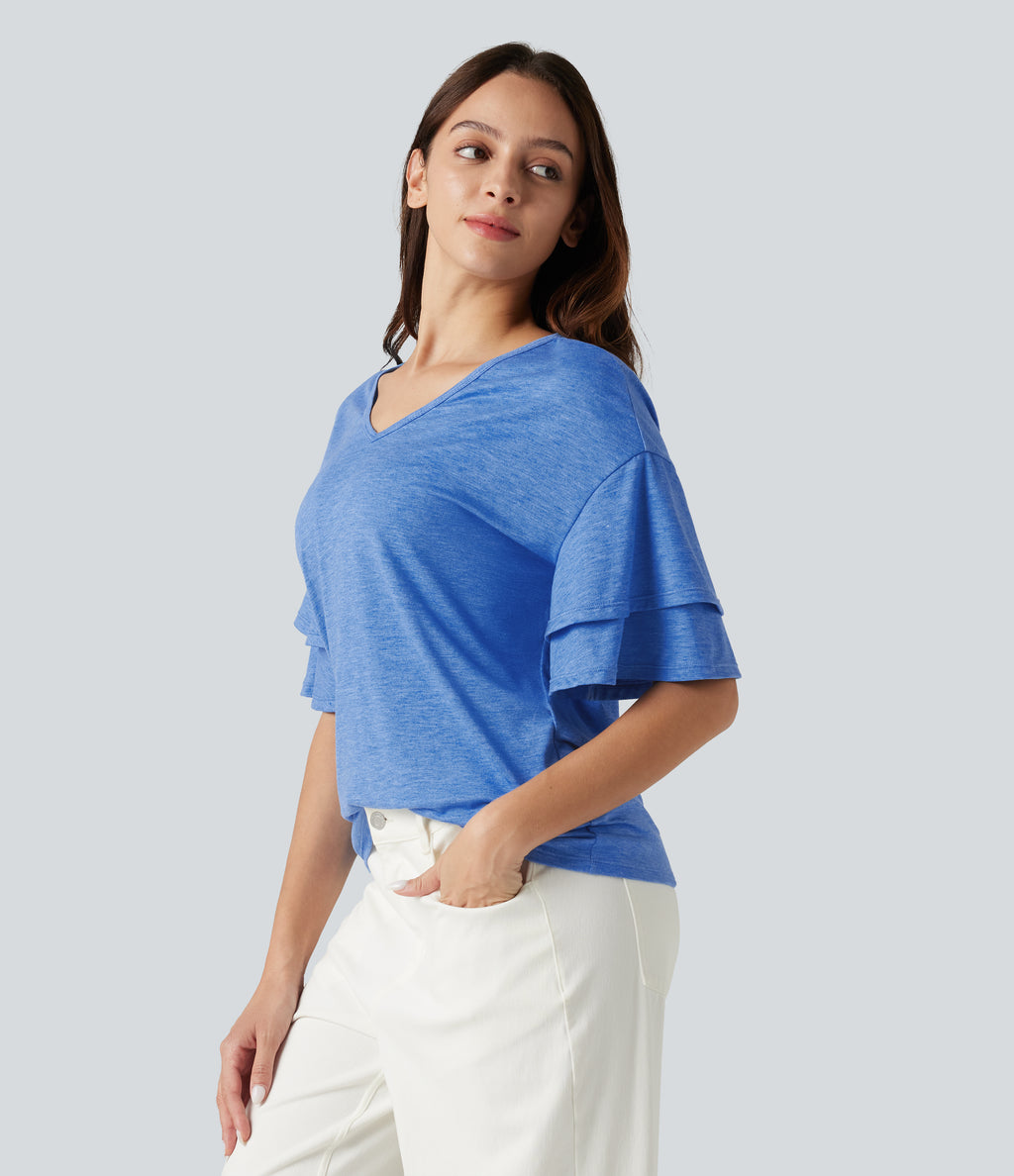 V-neck Flounce Sleeve Casual Top — Sky Blue Floral Yarn — view 3
