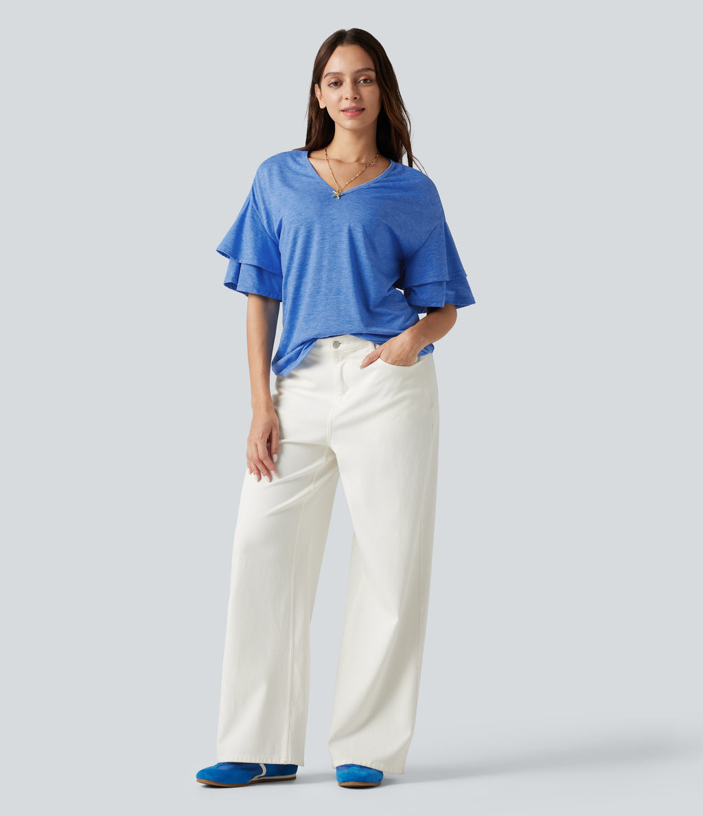 V-neck Flounce Sleeve Casual Top — Sky Blue Floral Yarn — view 7