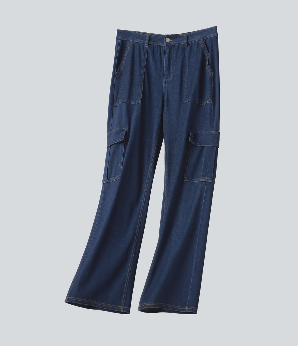 Mid Rise Draped Lyocell Washed Casual Straight Leg Cargo Jeans with Pockets — Estate Blue Denim — view 8