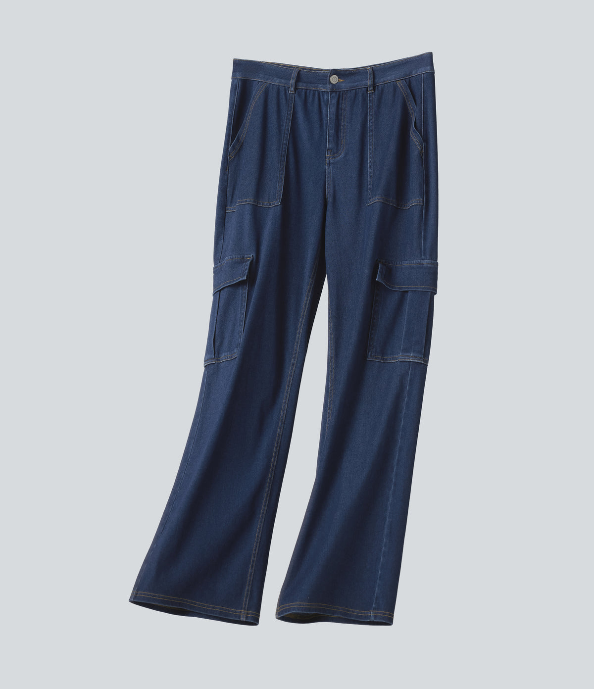 Mid Rise Draped Lyocell Washed Casual Straight Leg Cargo Jeans with Pockets — Estate Blue Denim — view 8