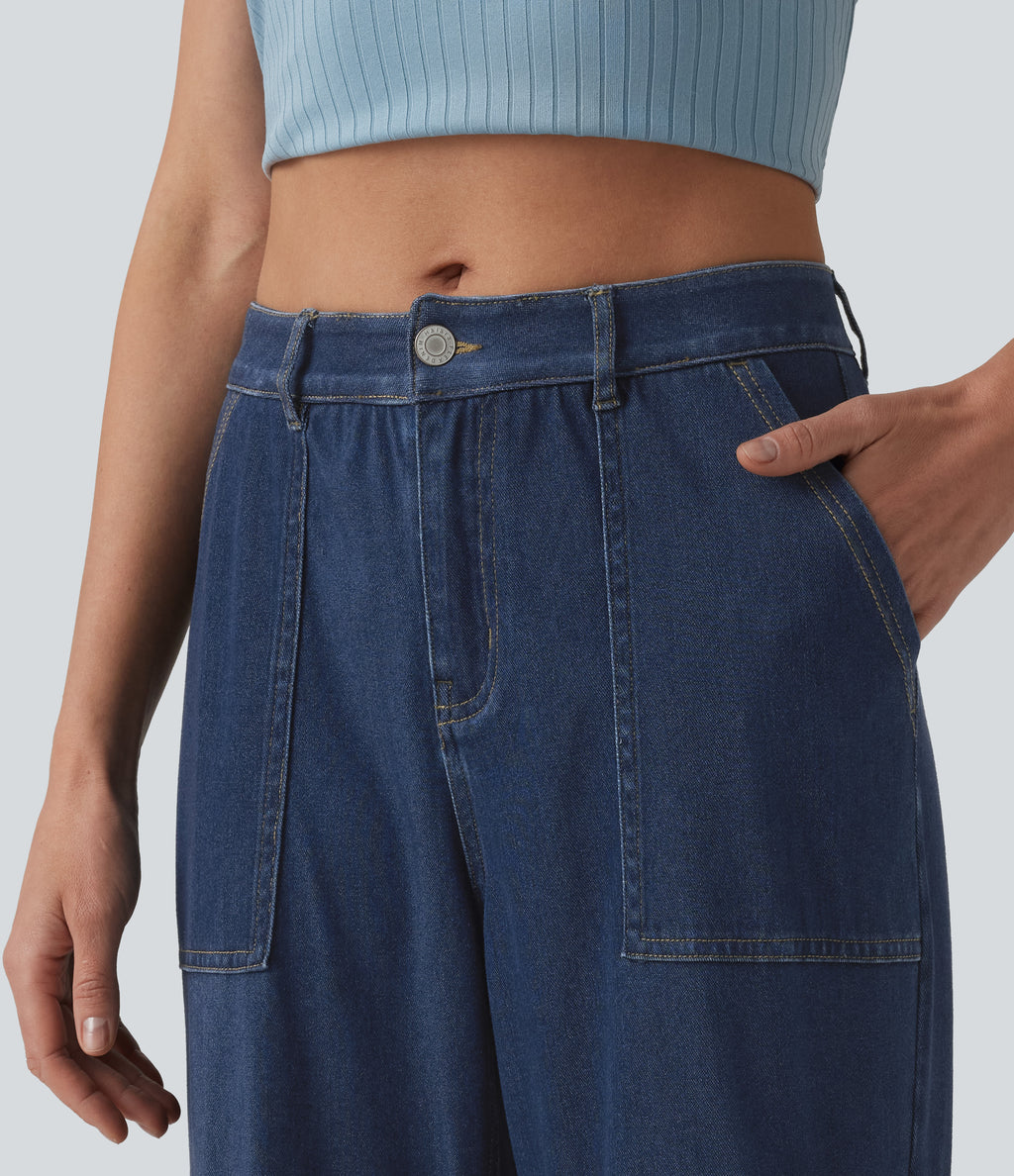 Mid Rise Draped Lyocell Washed Casual Straight Leg Cargo Jeans with Pockets — Estate Blue Denim — view 5