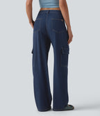 Mid Rise Draped Lyocell Washed Casual Straight Leg Cargo Jeans with Pockets — Estate Blue Denim — view 2