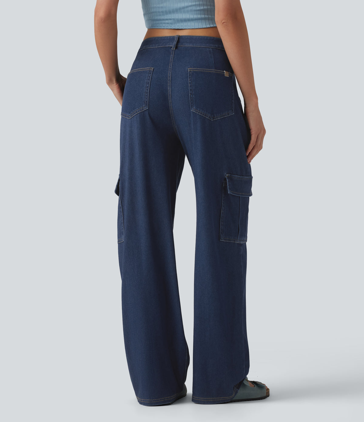 Mid Rise Draped Lyocell Washed Casual Straight Leg Cargo Jeans with Pockets — Estate Blue Denim — view 2