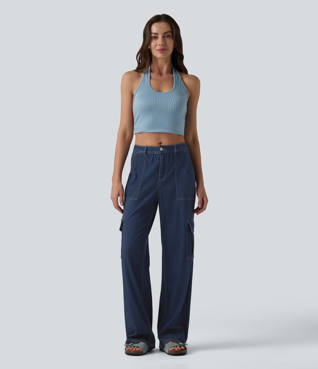 Mid Rise Draped Lyocell Washed Casual Straight Leg Cargo Jeans with Pockets — Estate Blue Denim — view 7