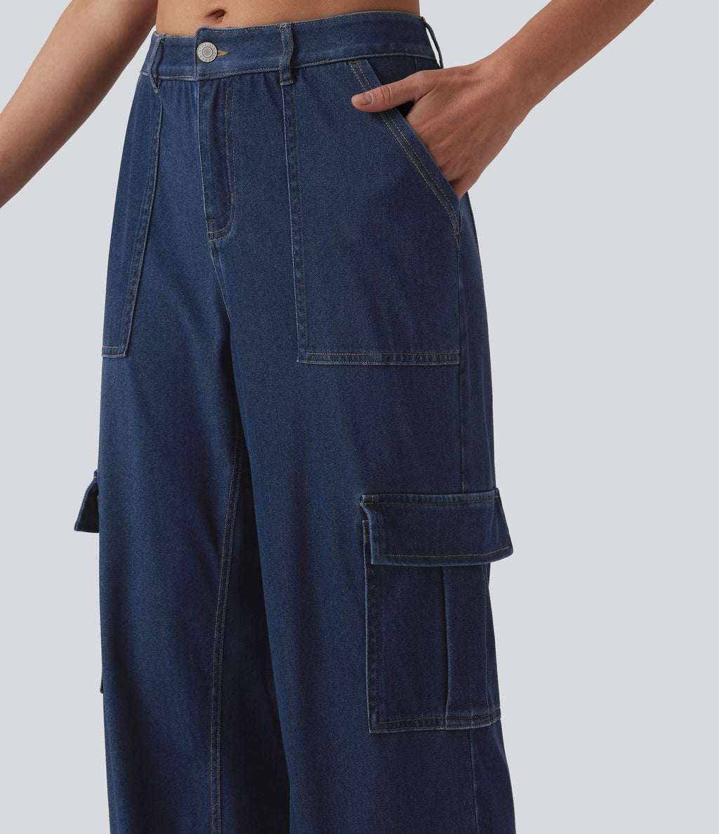 Mid Rise Draped Lyocell Washed Casual Straight Leg Cargo Jeans with Pockets — Estate Blue Denim — view 4