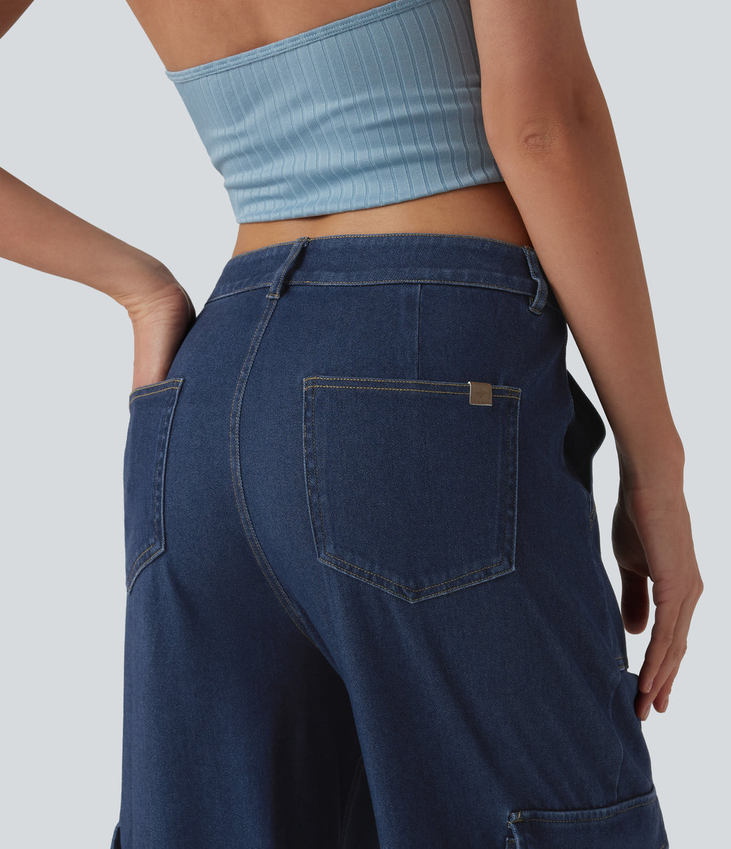 Mid Rise Draped Lyocell Washed Casual Straight Leg Cargo Jeans with Pockets — Estate Blue Denim — view 6