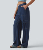 Mid Rise Draped Lyocell Washed Casual Straight Leg Cargo Jeans with Pockets — Estate Blue Denim — view 3