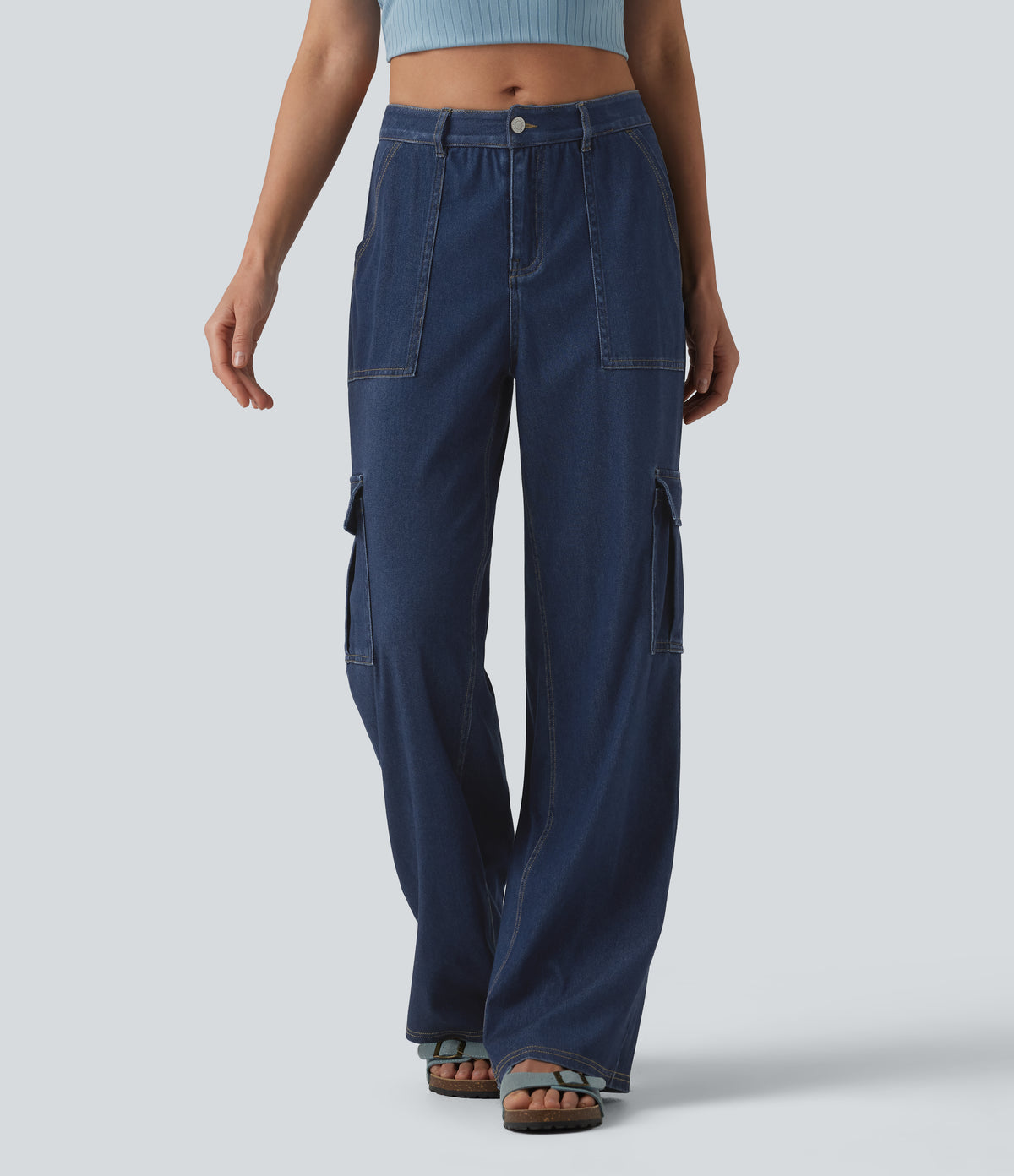 Mid Rise Draped Lyocell Washed Casual Straight Leg Cargo Jeans with Pockets — Estate Blue Denim — view 1