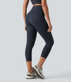 High Waisted Anti-Roll Tummy Control Shaping Workout Capri Leggings with Pockets — Carbon — view 2