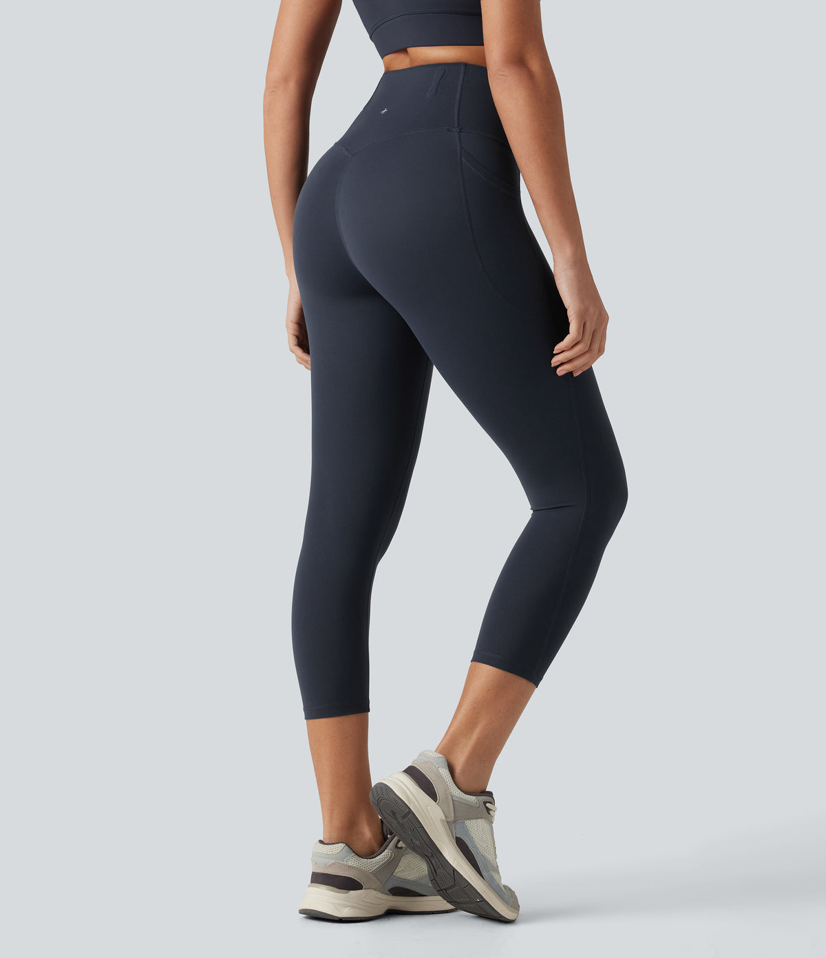 High Waisted Anti-Roll Tummy Control Shaping Workout Capri Leggings with Pockets — Carbon — view 2