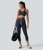 High Waisted Anti-Roll Tummy Control Shaping Workout Capri Leggings with Pockets — Carbon — view 8