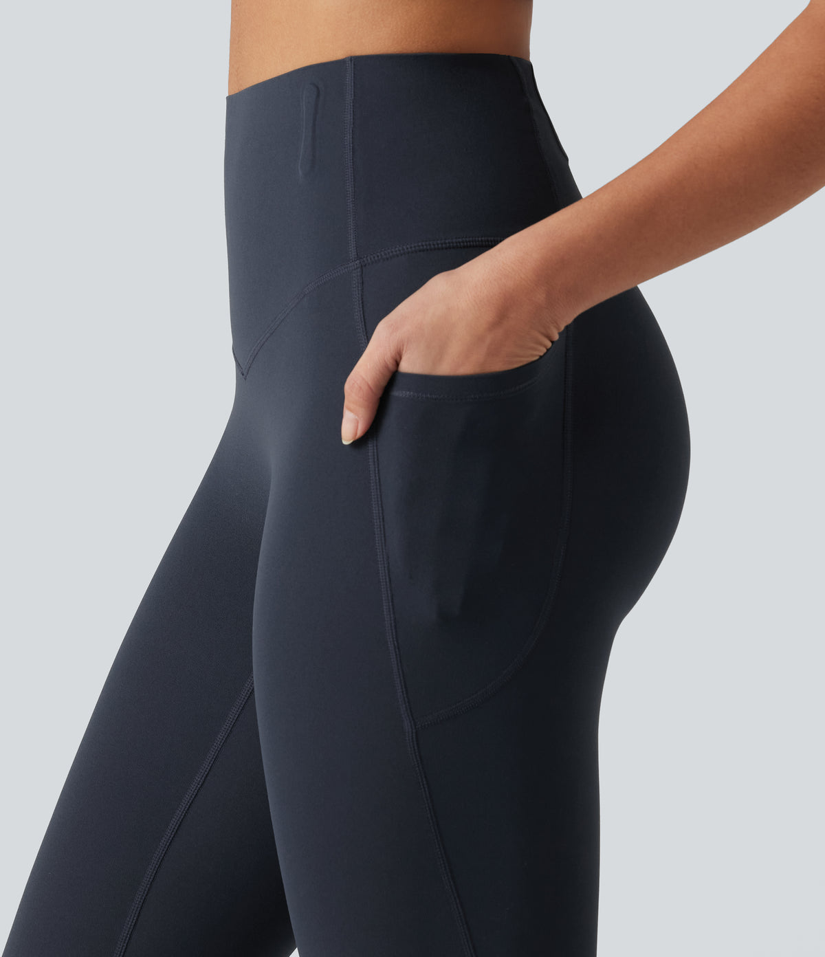 High Waisted Anti-Roll Tummy Control Shaping Workout Capri Leggings with Pockets — Carbon — view 4