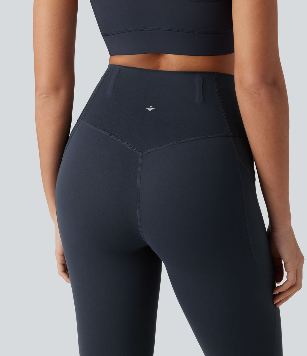 High Waisted Anti-Roll Tummy Control Shaping Workout Capri Leggings with Pockets — Carbon — view 6