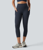 High Waisted Anti-Roll Tummy Control Shaping Workout Capri Leggings with Pockets — Carbon — view 3