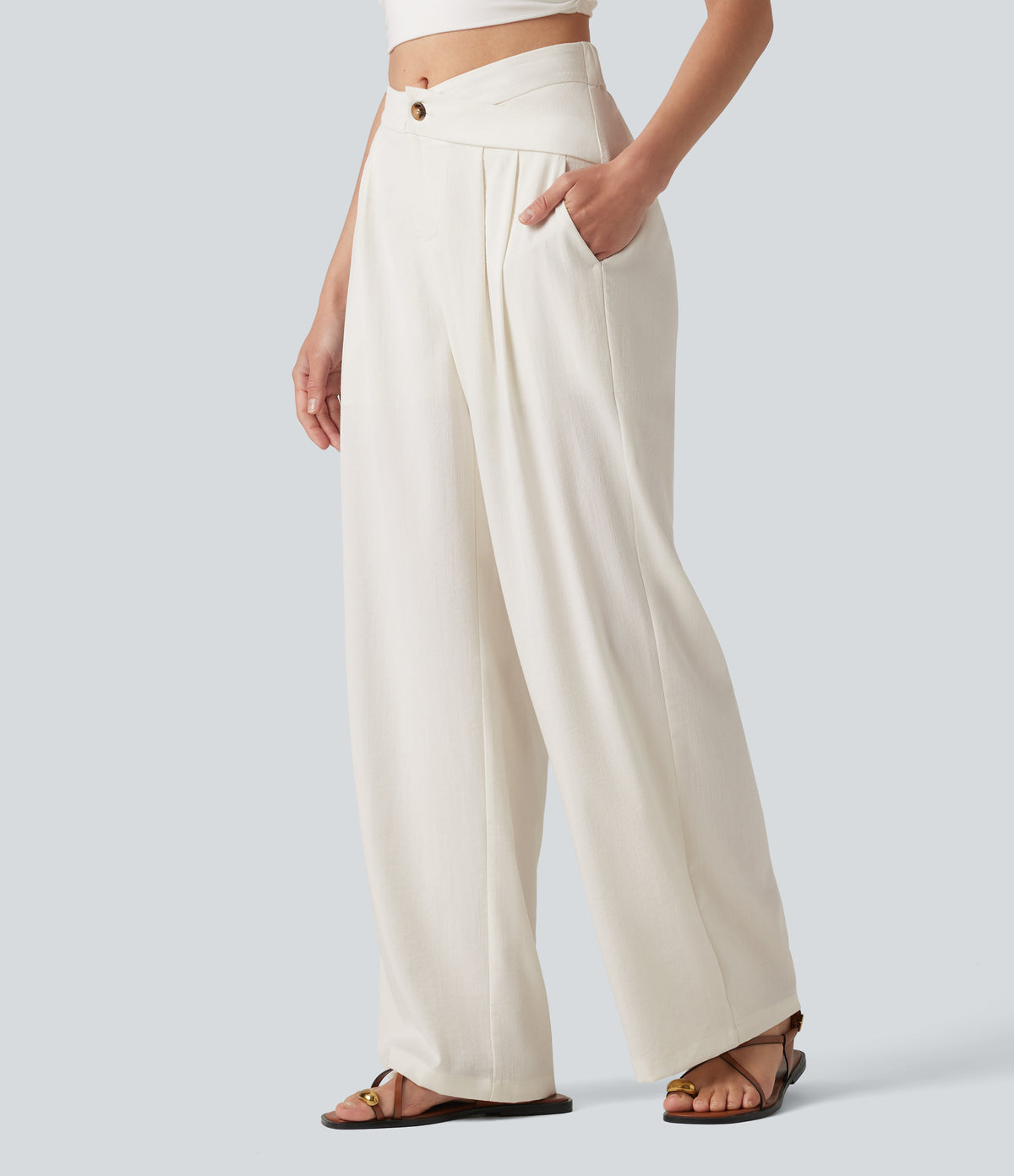 Asymmetric Mid Rise Pleated Casual Linen-Feel Baggy Trousers with Pockets — Marshmallow — view 3