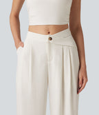 Asymmetric Mid Rise Pleated Casual Linen-Feel Baggy Trousers with Pockets — Marshmallow — view 5