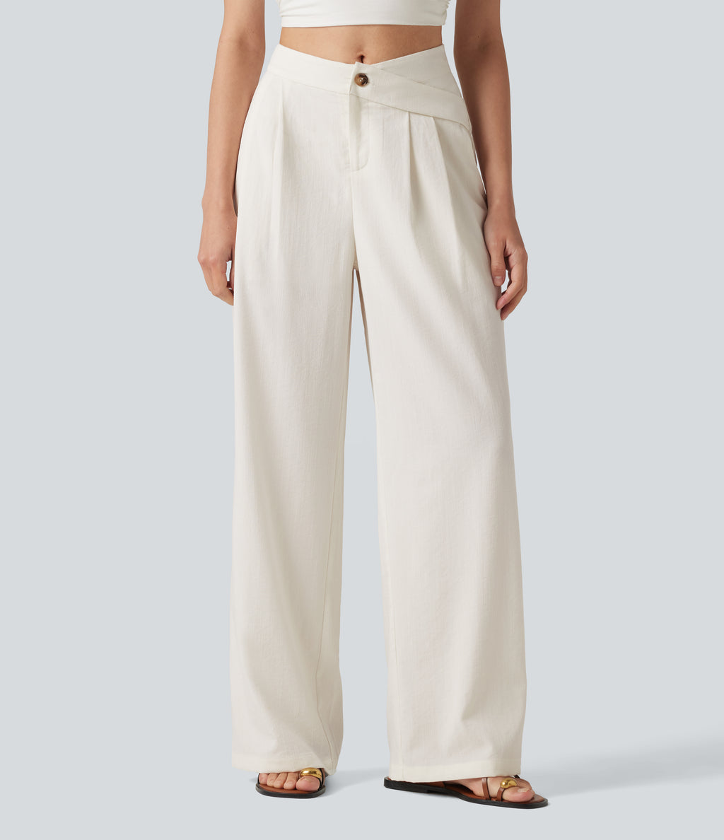 Asymmetric Mid Rise Pleated Casual Linen-Feel Baggy Trousers with Pockets — Marshmallow — view 1