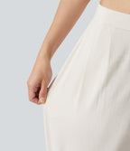 Asymmetric Mid Rise Pleated Casual Linen-Feel Baggy Trousers with Pockets — Marshmallow — view 7