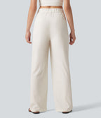 Asymmetric Mid Rise Pleated Casual Linen-Feel Baggy Trousers with Pockets — Marshmallow — view 2