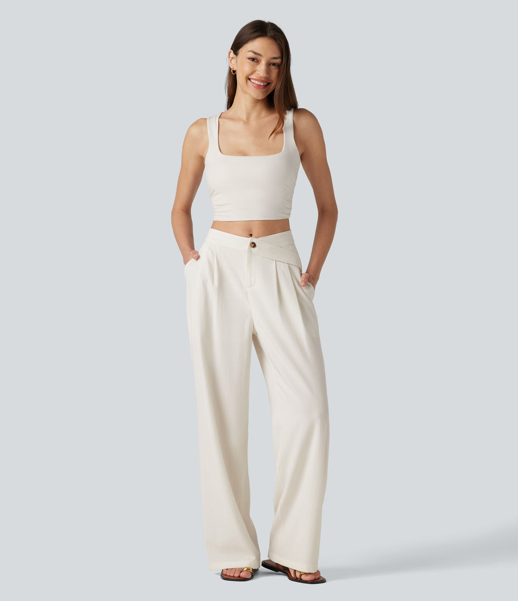 Asymmetric Mid Rise Pleated Casual Linen-Feel Baggy Trousers with Pockets — Marshmallow — view 8