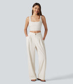 Asymmetric Mid Rise Pleated Casual Linen-Feel Baggy Trousers with Pockets — Marshmallow — view 8