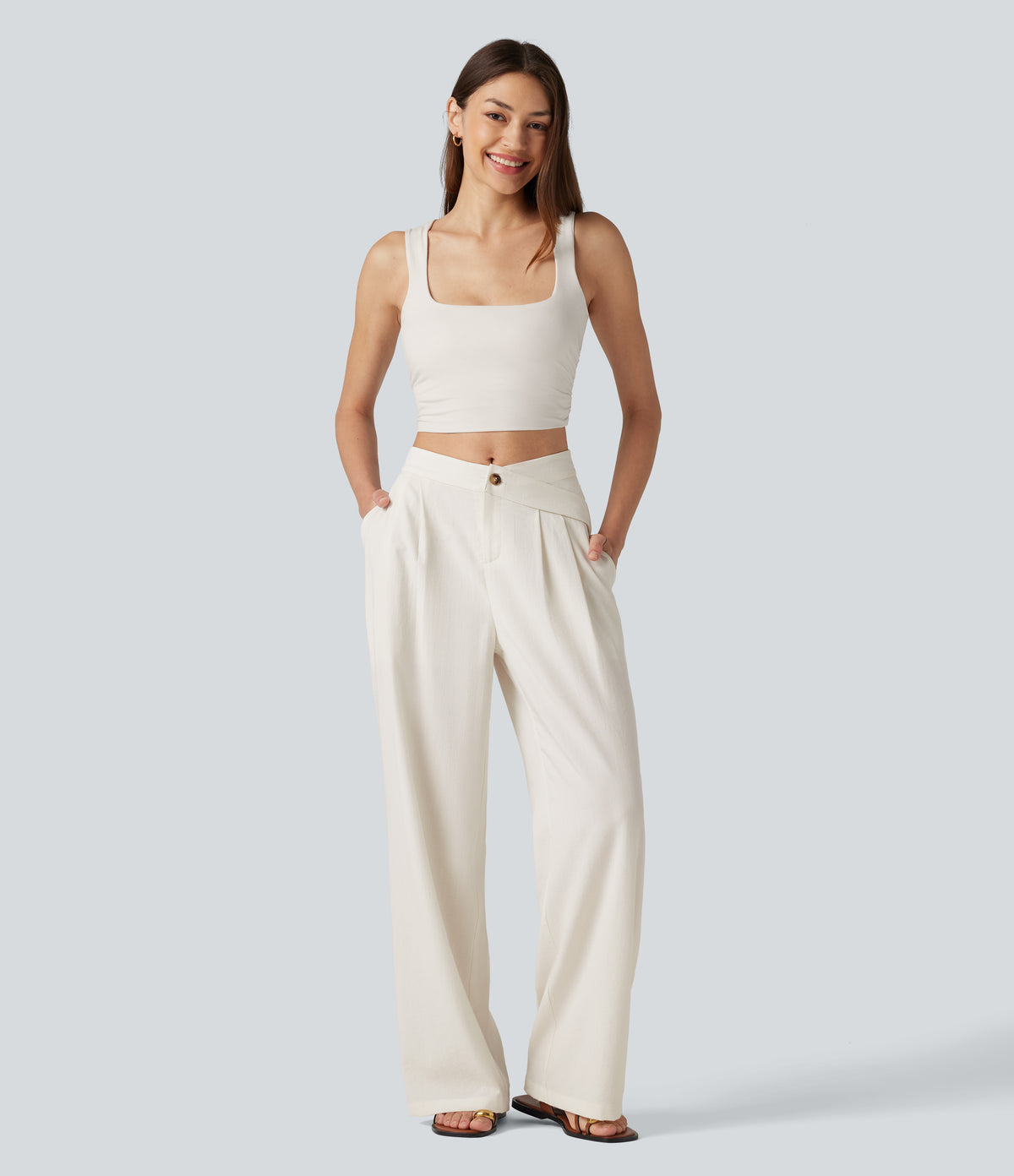 Asymmetric Mid Rise Pleated Casual Linen-Feel Baggy Trousers with Pockets — Marshmallow — view 8
