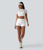 Mock Neck Short Sleeve Eyelet Cropped Running Sports Top-No Sports Bra Included — White — view 7
