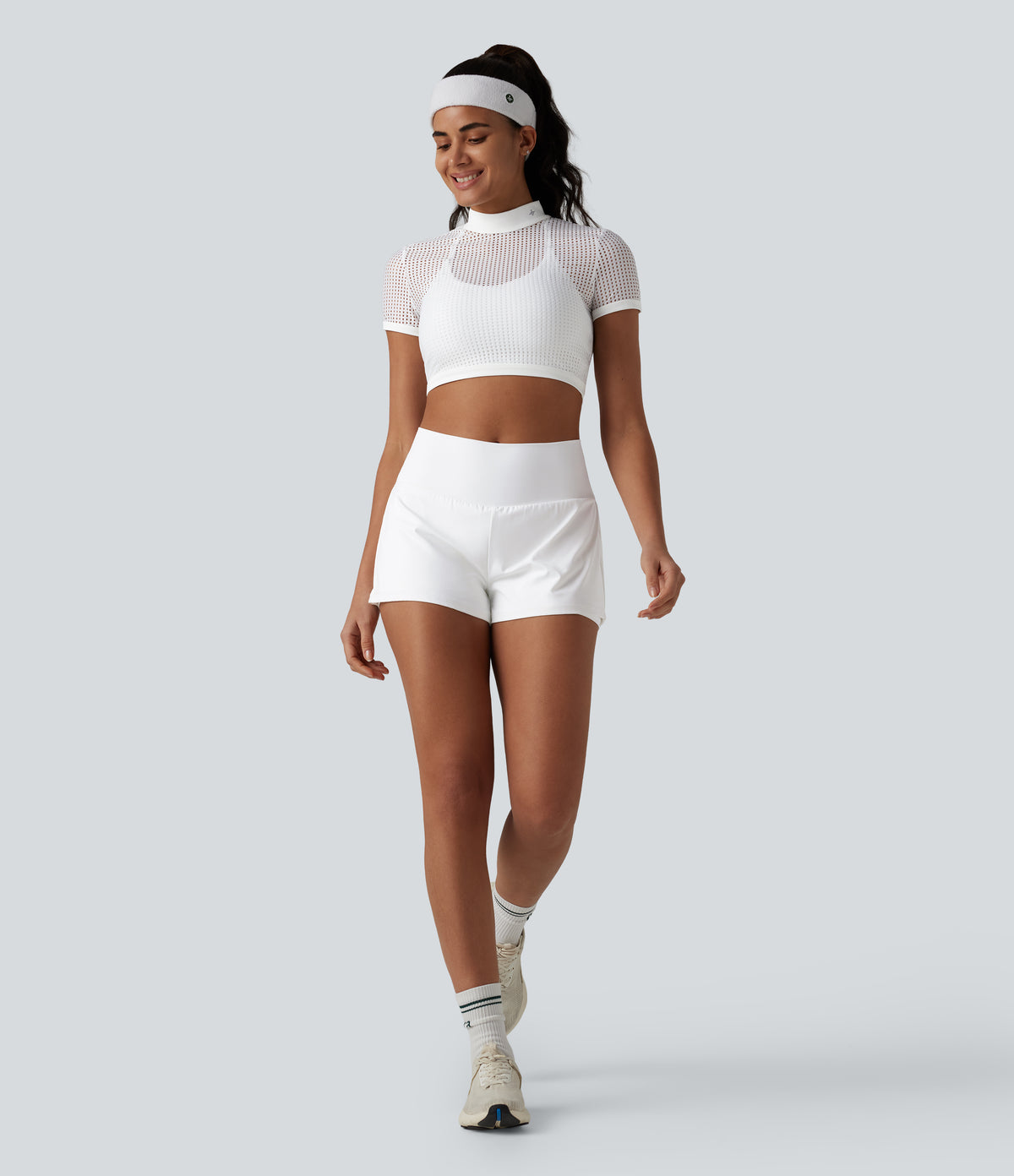 Mock Neck Short Sleeve Eyelet Cropped Running Sports Top-No Sports Bra Included — White — view 7