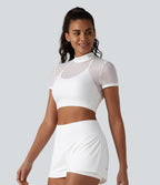 Mock Neck Short Sleeve Eyelet Cropped Running Sports Top-No Sports Bra Included — White — view 3