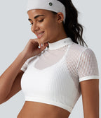 Mock Neck Short Sleeve Eyelet Cropped Running Sports Top-No Sports Bra Included — White — view 4