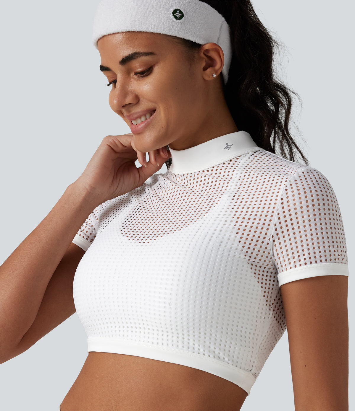 Mock Neck Short Sleeve Eyelet Cropped Running Sports Top-No Sports Bra Included — White — view 4