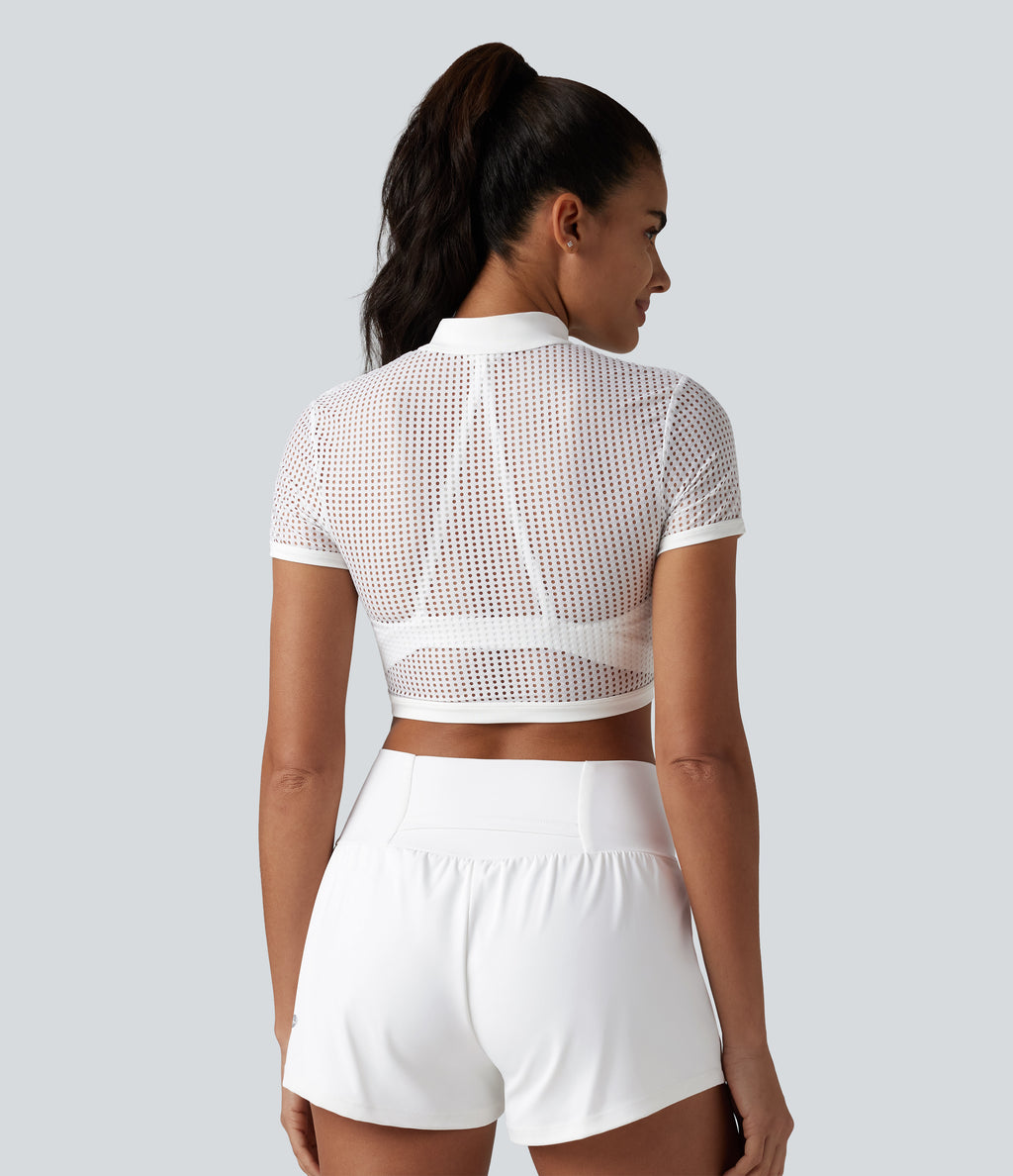 Mock Neck Short Sleeve Eyelet Cropped Running Sports Top-No Sports Bra Included — White — view 2