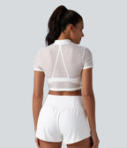 Mock Neck Short Sleeve Eyelet Cropped Running Sports Top-No Sports Bra Included — White — view 2