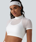 Mock Neck Short Sleeve Eyelet Cropped Running Sports Top-No Sports Bra Included — White — view 5