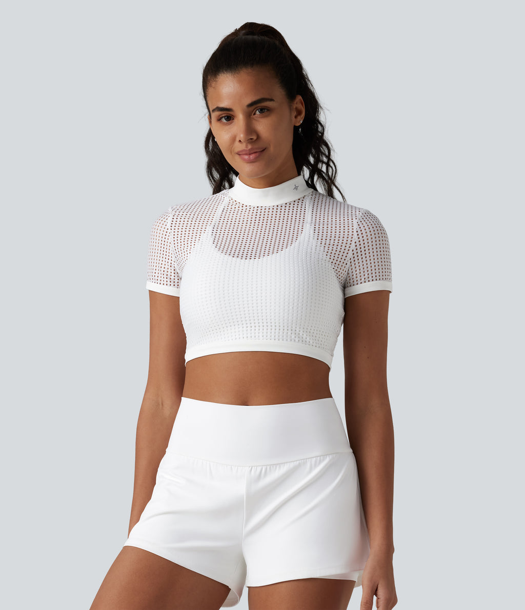 Mock Neck Short Sleeve Eyelet Cropped Running Sports Top-No Sports Bra Included — White — view 1
