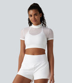 Mock Neck Short Sleeve Eyelet Cropped Running Sports Top-No Sports Bra Included — White — view 1