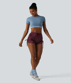 High Waisted Drawstring Ruched Satin Casual Shorts with Pocket — Zinfandel — view 6