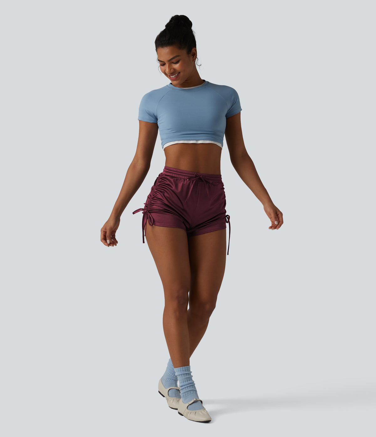 High Waisted Drawstring Ruched Satin Casual Shorts with Pocket — Zinfandel — view 6
