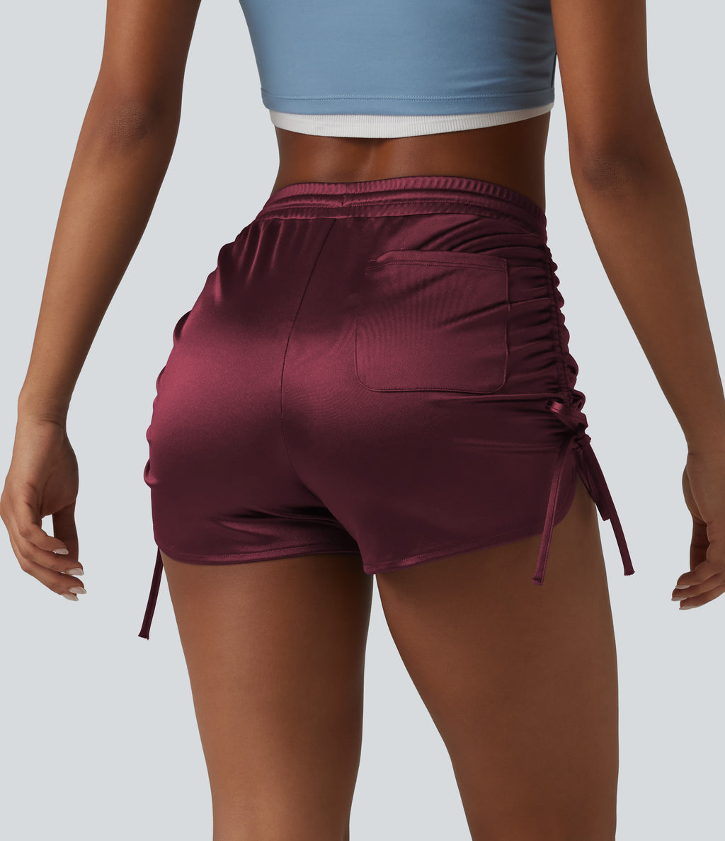 High Waisted Drawstring Ruched Satin Casual Shorts with Pocket — Zinfandel — view 2