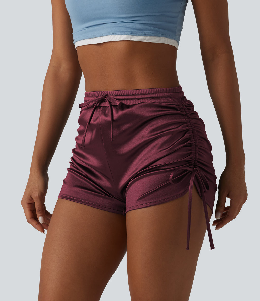 High Waisted Drawstring Ruched Satin Casual Shorts with Pocket — Zinfandel — view 4