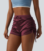 High Waisted Drawstring Ruched Satin Casual Shorts with Pocket — Zinfandel — view 4