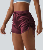 High Waisted Drawstring Ruched Satin Casual Shorts with Pocket — Zinfandel — view 1