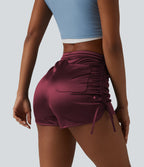 High Waisted Drawstring Ruched Satin Casual Shorts with Pocket — Zinfandel — view 5